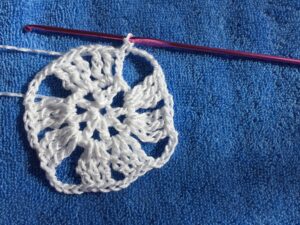 ch-2, 3 tc in next ch-2 space, ch-5, 3 tc in next ch-2 space repeat