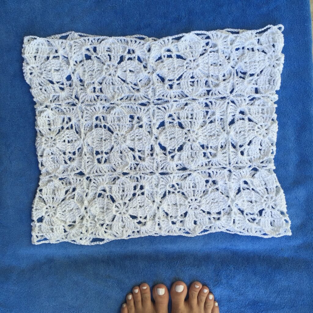 Part 1 is complete. Now onto Part 2 to add the neckline and fringe bottom border.