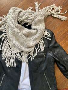Self Fringing Shawl with Jacket and Jeans