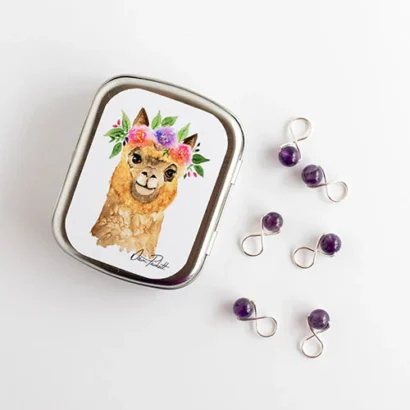 Stitch Marker Storage Tins - Flower Alpaca, Small Tin with Hinge