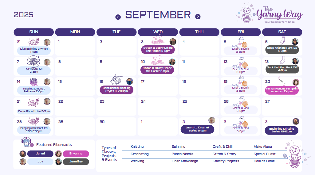 The Yarny Way September 2025 Classes and Events