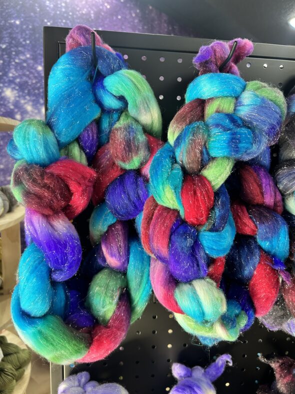 Royal Jewels – hand-dyed Little Switzerland Top by Joyous Fibers. Sparkling Shaniko wool with jewel-toned luxury. 4 oz braid, $29.