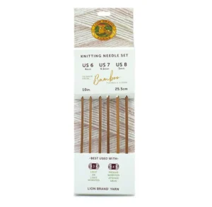 Lion Brand bamboo straight knitting needle set with US sizes 6, 7, and 8. Lightweight 10” bamboo needles ideal for flat knitting projects.