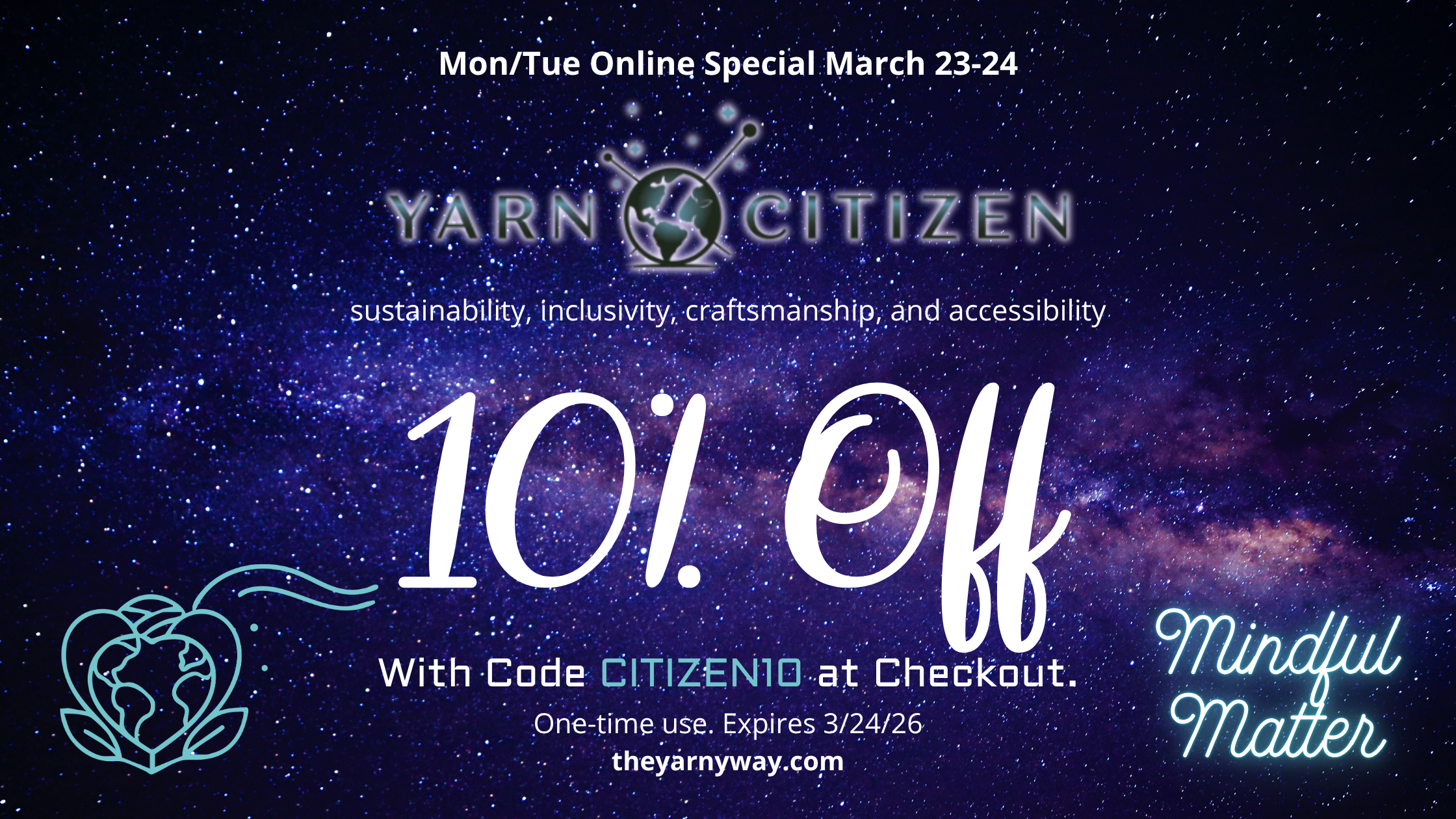 Save 10% on Yarn Citizen with code CITIZEN10 at Checkout Mar 23-24, 2026