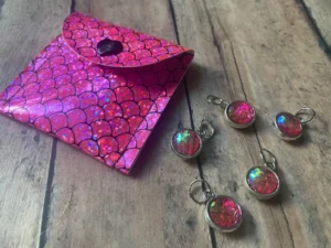 Pink Holographic Mermaid Handmade Stitch Markers and a matching case