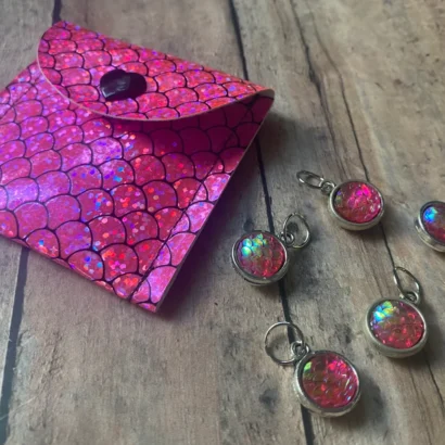 Pink Holographic Mermaid Handmade Stitch Markers and a matching case