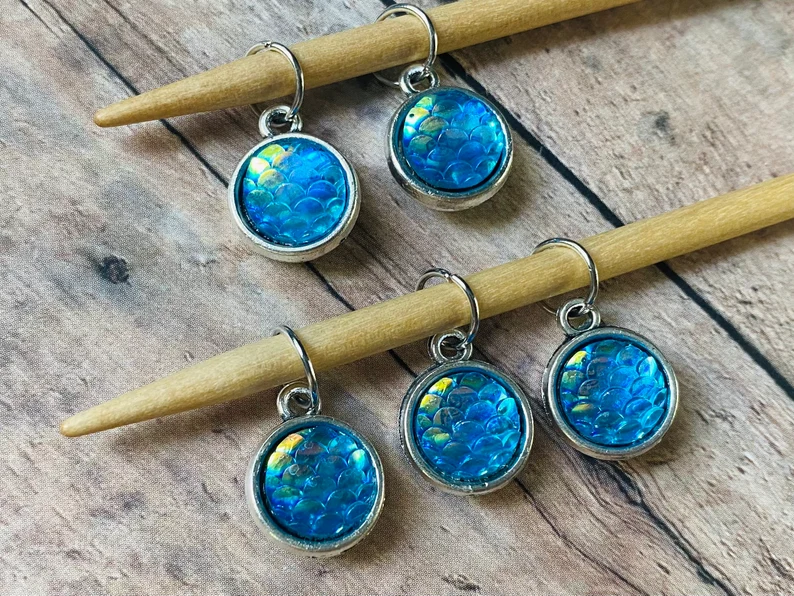 Handmade Stitch Markers with Case - Blue Holographic Mermaid - Image 3