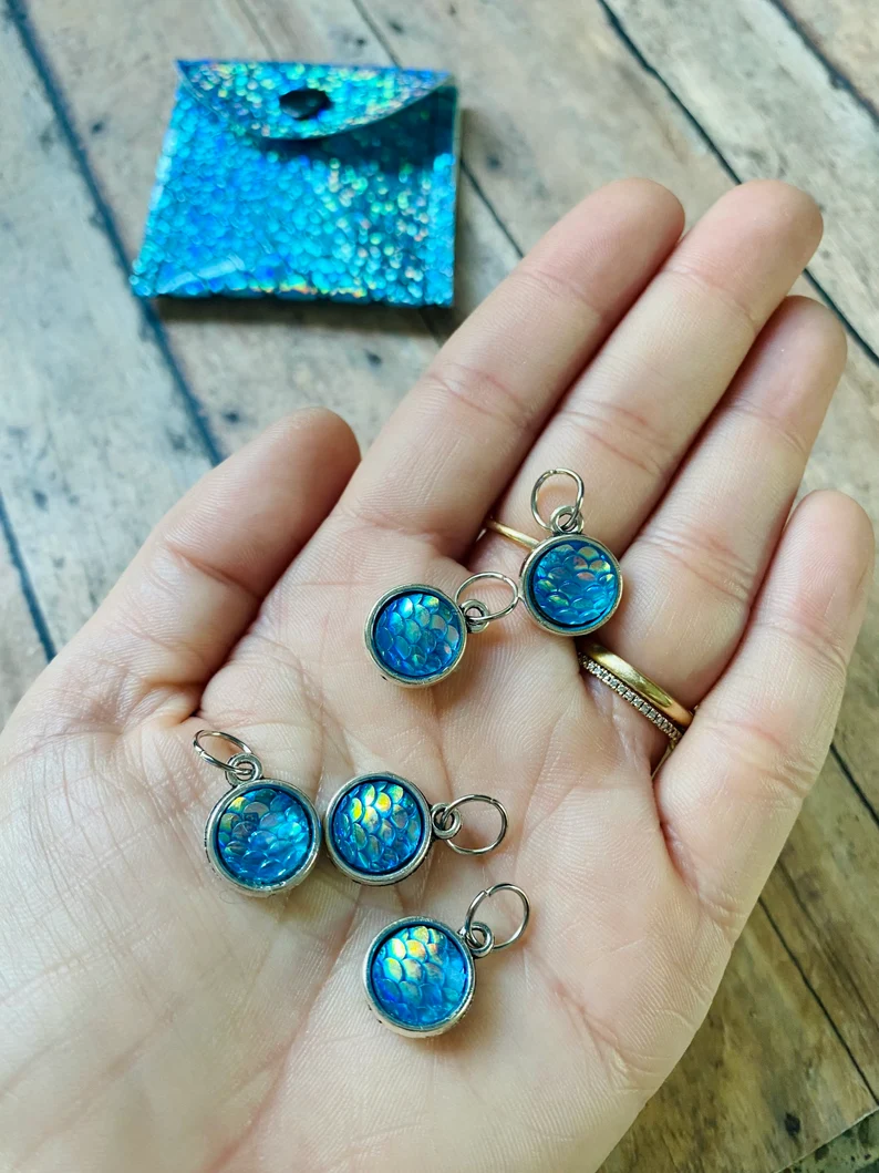 Handmade Stitch Markers with Case - Blue Holographic Mermaid - Image 2