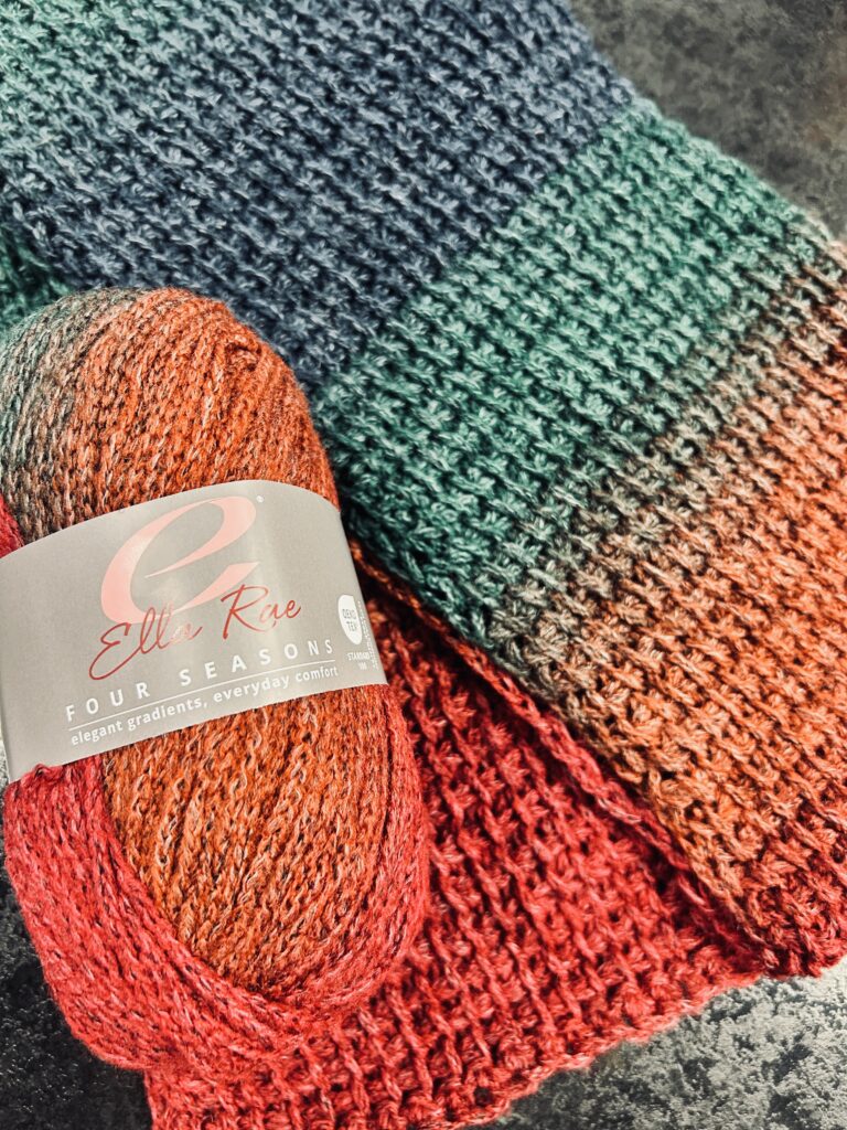 Frieda's Tunisian Crochet Scarf using Ella Rae Four Seasons in Jewel Radiance