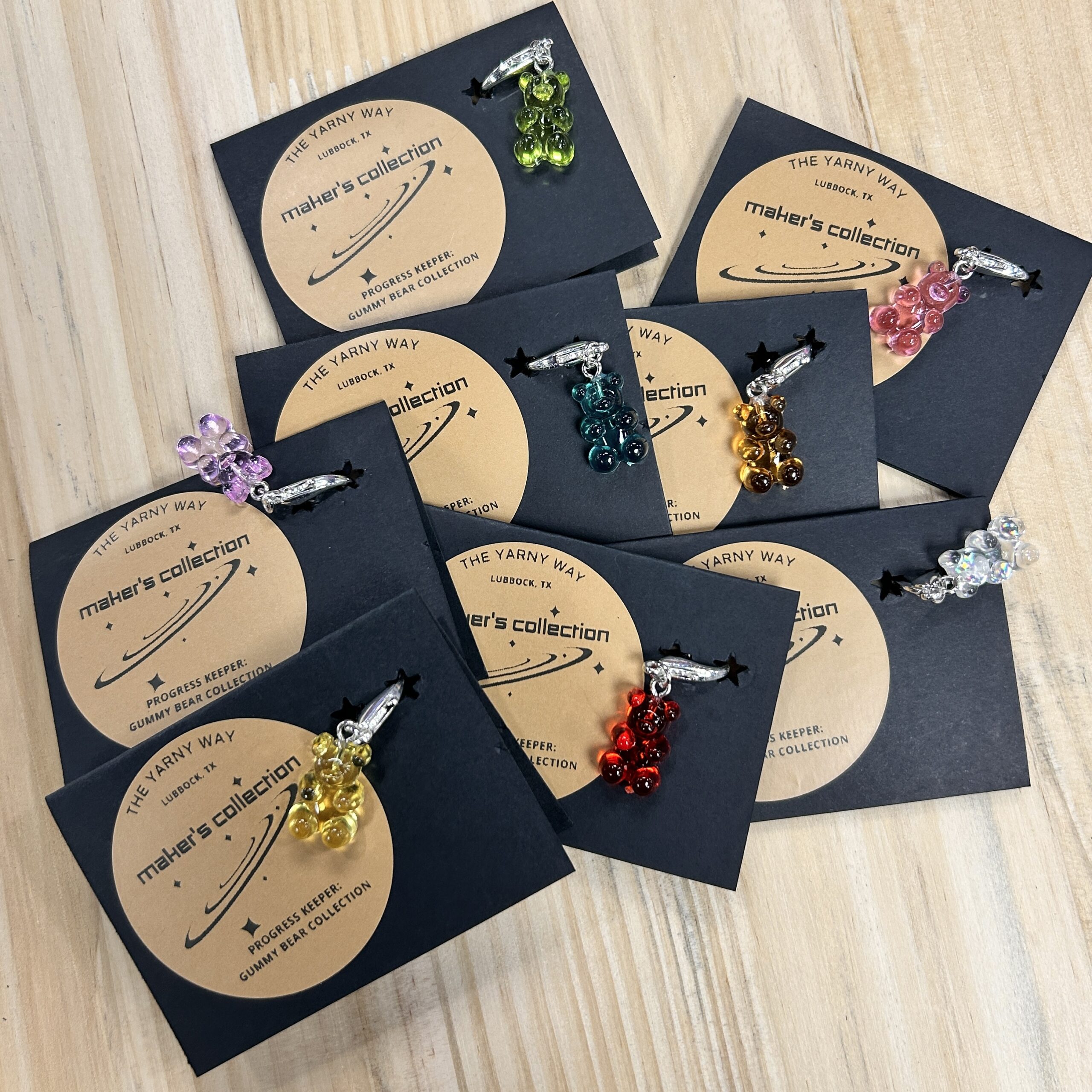 Handmade Gummy Bear Progress Keepers from The Yarny Way Maker's Collection. Fun collectible charms for knitting, crochet, and project bags.